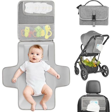 Matelas à langer bébé portable - Pliable et imperméable - Sac à langer - Pour changer bébé en déplacement - Gris (1/5)