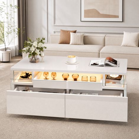 Mesa de centro de tablero de partículas blanca brillo 90 cm con 2 cajones, bandeja extraíble y LED (1/5)