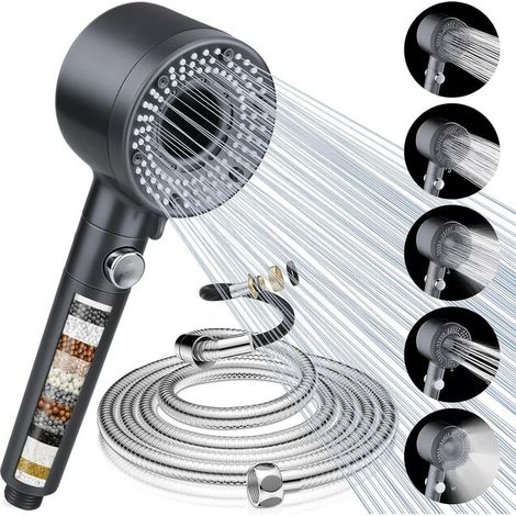 Pommeau de Douche avec Filtre, Pommeau Douche Haute Pression Economie Deau, Anti Calcaire Douchette Salle de Bain avec Tuyau 2M, Shower Head avec 5 Modes de Jet pour l'eau Dure (1/5)