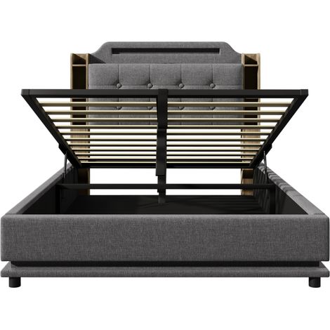 Letto contenitore imbottito 140 x 200 cm in lino grigio con LED, USB Type-C e vano contenitore (1/5)