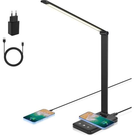 Lampe de Bureau LED, Lampe de Table Dimmable Charge sans fil 7.5 W et Port de Charge USB Lampe de Lecture Pour la Protection des Yeux, 5 Niveaux de Luminosité, 5 Couleurs Lampe [Classe énergéti
