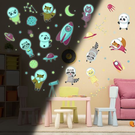 Sticker phosphorescent lumineux - ANIMAUX ASTRONAUTES DANS L'ESPACE - Autocollant mural plafond enfant fluorescent - 40x30cm (1/5)