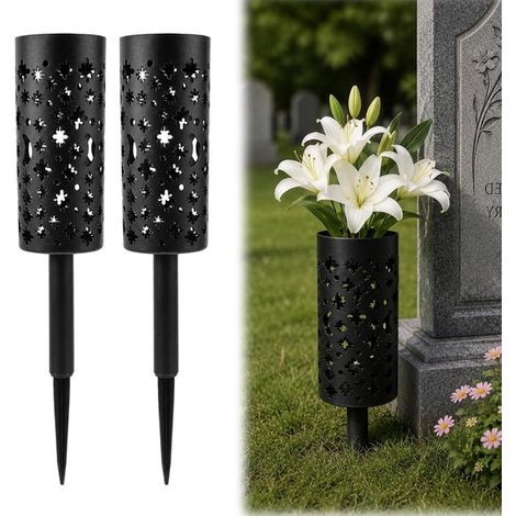 Lot de 2 vases funéraires avec piquets de terre, vases à fleurs pour cimetière et lieu commémoratif, adaptés au jardin et aux espaces extérieurs, noir (1/5)