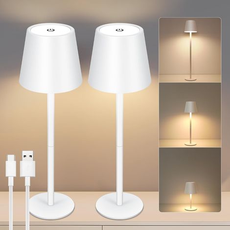 Lot de 2 lampes de bureau LED à intensité variable, tactile sans fil 3 couleurs, avec USB-C, étanchéité IP54 (blanches) [Classe énergétique F] (1/5)