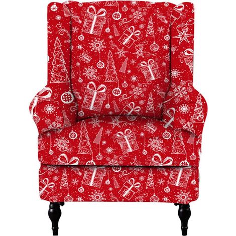 Housses pour fauteuil à ailes de Noël : Set de 2 pièces, housse pour fauteuil à ailes extensible de Noël, en tissu polyester, housses pour fauteuils à ailes et fauteuils bras pour salon, modèle 03. (1/4)