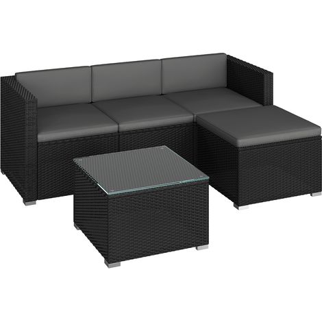 Yaheetech Set di Mobili da Giardino 5 Pezzi in Rettan PE, Divano a 3 Posti e Poggiapiedi con Cuscini, Tavolino in Vetro per Patio Balcone Terrazza Nero/Grigio