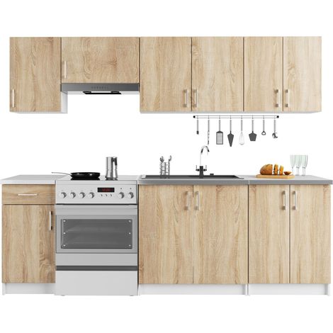 Akord – Ensemble de cuisine 240 cm – 11 portes, 1 tiroir – Façade chêne sonoma, corps blanc – Panneau stratifié – Hauteur 203 cm, profondeur 44,5 cm (1/5)