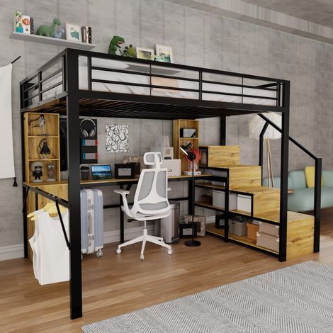 Letto soppalco 140x200 cm con scrivania, armadio, contenitori, scala portaoggetti e porta USB, metallo nero (1/5)