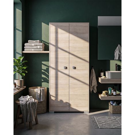 Armadio multiuso Sonia 2 ante - Mobile portascopa salvaspazio - 6 ripiani interni e un vano portascope - Colore Olmo - 75x180x35 cm (1/5)