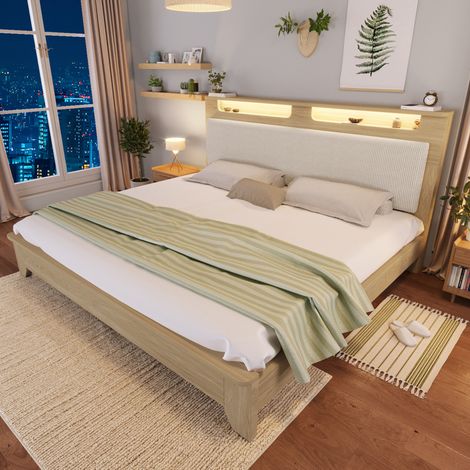 FLORAGRACE Cama adulto 160x200 cm en tela beige con cabecero con almacenaje, LED y tela beige, colchón incluido (1/5)