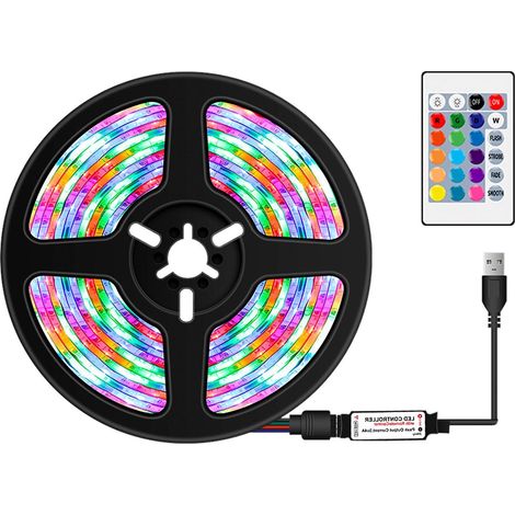 Dimmbare RGB-LED-Streifen mit USB-Anschluss, Infrarot-Fernbedienung, 16 Farben und 4 Beleuchtungsmodi, 5 m, 3