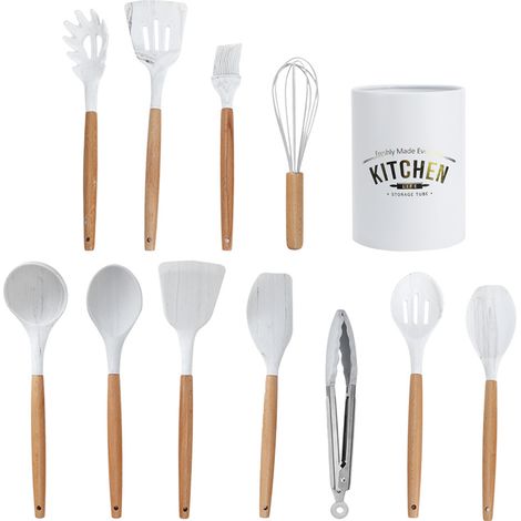 Lot de 12 ustensiles de cuisine en silicone, poignée bois, antiadhésif, outils cuisson pâtisserie avec boîte rangement
