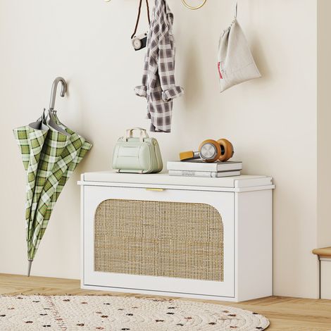 Schuhbank, Aufbewahrungsbank, gepolsterter Sitz, Klappschublade, Rattantür, 80 x 26 x 47,5 cm, weiß