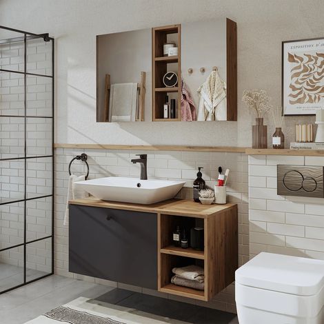 Lotus Bathroom Set of 2, Vanity Unit with Over Counter Wash Basin / Bowl and Mirror Cabinet, 95 cm, Oak Effect and Anthracite (1/5)