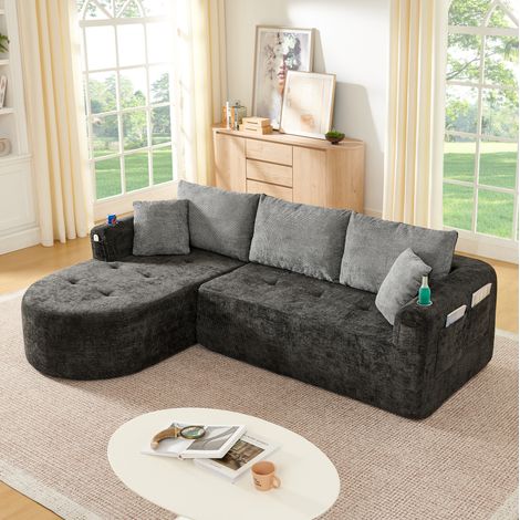 Ecksofa L-Form Schwarz Stoff mit Edelstahl-Becherhalter und montagefreiem Design (1/5)