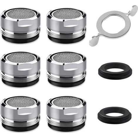 Ulisem M24 Faucet Aerator, 6 Pieces, Water Saving Faucet Aerator with Stainless Steel and ABS Filter, Includes 8 Seals and 1 Chrome-Plated Aerator Wrench for Bathroom and Kitchen Sink Faucets (1/4)