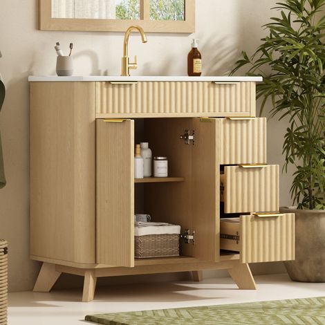 BATDTECH - Mueble de Baño con Lavabo de Cerámica 81cm, Mueble Lavabo Suelo con 3 Cajones y Puertas, Armario de Baño Moderno Color Madera con Diseño Ondulado