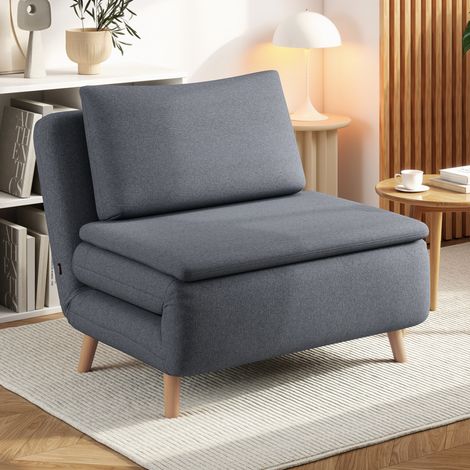 Poltrona letto 3 in 1 con funzione letto, reclinabile, schienale regolabile, gambe in legno di faggio, cuscino, grigia