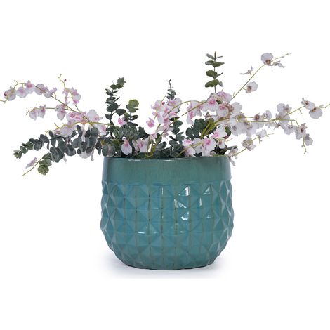 CHICFURN Lot de 3 pots de fleurs en céramique émaillée bleu canard, jardinières décoratives avec trous de drainage, intérieur extérieur, balcon terrasse jardin (1/5)