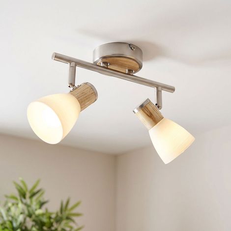 Plafoniera Lampada da soffitto a 2 fiamme Lampada da soggiorno Faretto da soffitto in legno marrone mobile L 25,5 cm