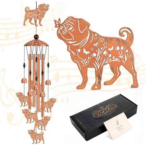 Mops Windspiel für Garten Deko, Metall Bronze, Melodische Töne, Geschenkidee