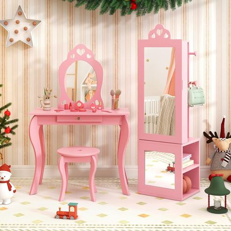 3 en 1 Armoire à Bijoux Enfants Organisateur de Bijoux avec Miroir Pleine Longueur Anti-Bascule Porte-Vêtements sur Pied Motif Cœur Rose (1/2)