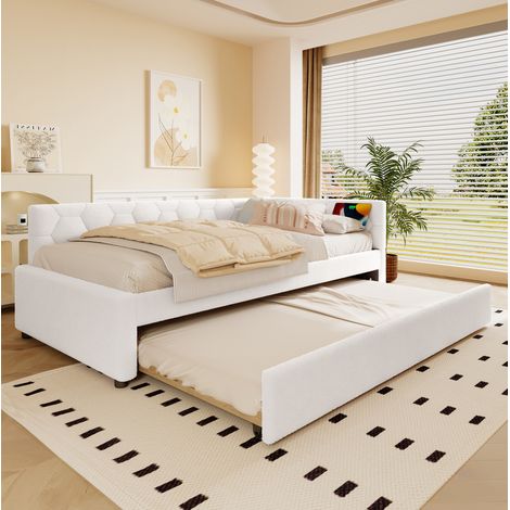 Letto in bouclé bianco 90x200 cm con letto estraibile, rete a doghe, luce integrata, USB e Type-C