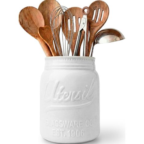 Pot à ustensiles de cuisine décoratif en céramique résistante aux éclats – Blanc, grande taille (1/5)