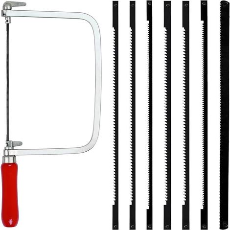 Kit de scie à chantourner avec 7 lames de scie (14/18/24 dents) et scie à chantourner pour métal et bois, rotation à 360 °, avec manche en bois, scie à chantourner avec lames de scie (1/5)