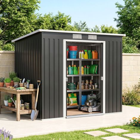 Abri de jardin extérieur 2,4 m² (213 x 130 x 172 cm) avec porte coulissante, toit en pente, base sans plancher ni fenêtres, gris (1/4)