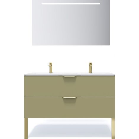 Meuble de salle de bain suspendu double vasque intégrée 120cm 2 tiroirs Vert olive + miroir - Venice (1/5)