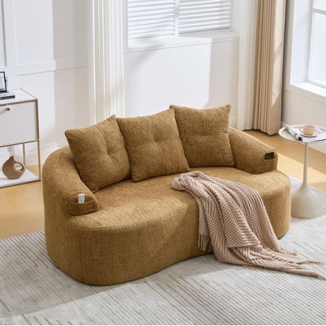 REDOM - Sofá de 2 plazas 164x92x60 cm, asiento profundo, cojines gruesos, soporte de espuma y muelles ensacados, chenilla amarillo mostaza (1/5)