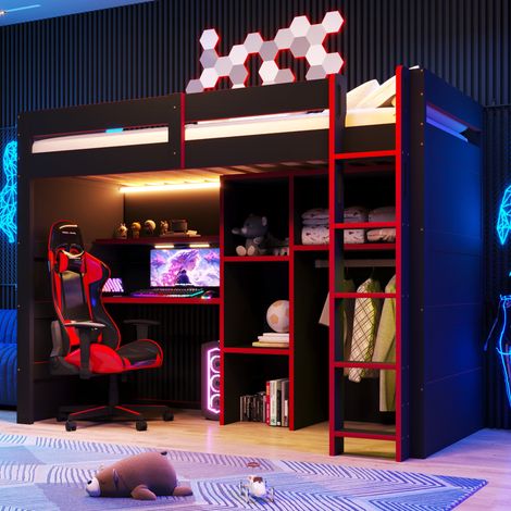 Hochbett 90x200 cm in Schwarz/Rot mit Schreibtisch, offenem Kleiderschrank, LED und USB-Anschluss (1/5)