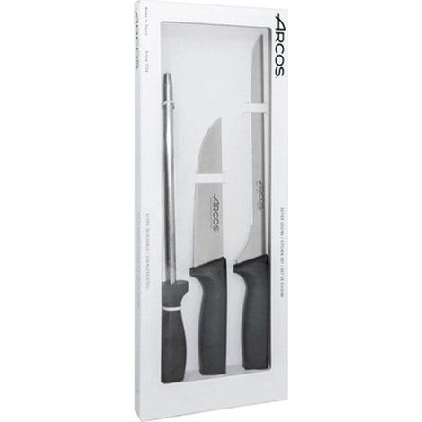 ARCOS cuchillos jamonero chaira y carnicero niza , Excepcional juego de cuchillos de la serie Niza de Arcos. -Hojas fabricadas en acero inoxidable Nitrum®, un material patentado po