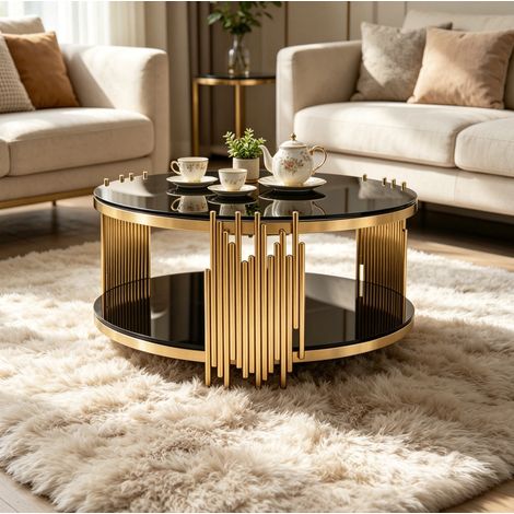 Table basse ronde en verre trempé noir et acier inox doré, 2 plateaux (1/5)