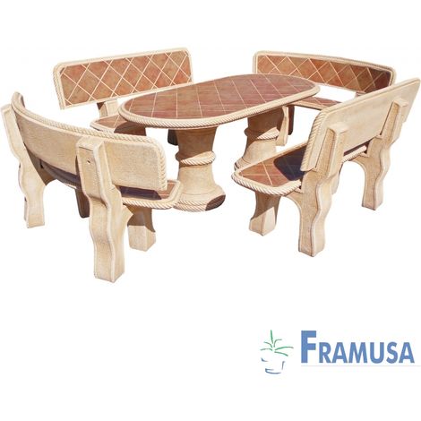 CONJUNTO COMEDOR PIEDRA OVALADO JARDIN OLIVO TOSTADO CON AZULEJOS OCRE