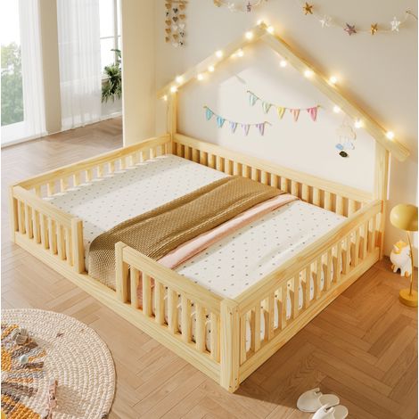 Cama casita infantil 140x200 cm de MDF y pino con barandillas, LED, natural (1/5)