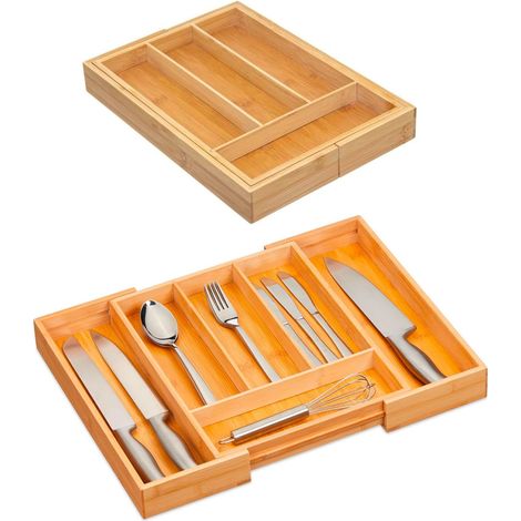Plateau à couverts extensible en bambou – Organisateur à couverts de tiroir avec 6 compartiments, adaptable 12 x 35 x 45 cm, design élégant et naturel (1/5)
