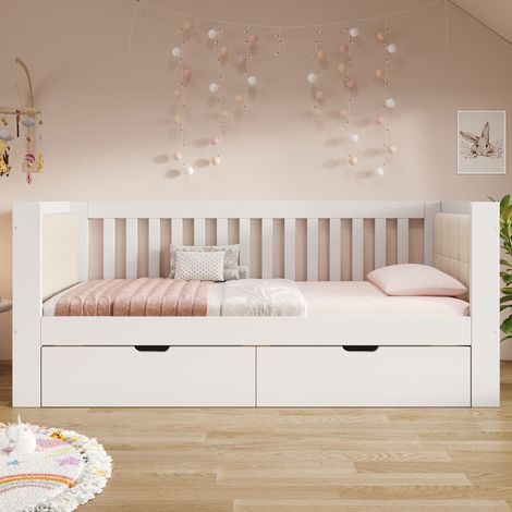 Lit de jour 90x190 cm blanc avec 2 tiroirs, en bois, lit de jour avec accoudoirs arrondis, dossier confortable, parfait pour petits appartements ou studios, montage facile, sans matelas (1/5)