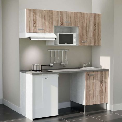 Kitchenette K55L-PT - 180 cm - plan stratifié, évier inox, - Façade Bois - Plan Gris béton - Evier Inox - Crédences Non + Electroménager inclus coloris Blanc