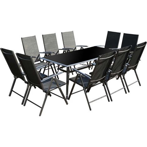 Concept-Usine – Ensemble table et chaises de jardin 10 places – Table en aluminium 180x90cm avec verre poli – Chaises inclinables en toile PVC ultra résistante