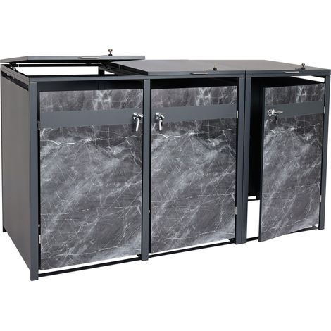 Abri poubelles triple 3 bacs 80 à 240 L 200 x 80 cm métal effet marbre anthracite 040008233