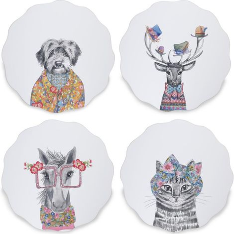 Mikasa Tipperleyhill 4 manteles Individuales con diseño Festoneado, Protectores de Mesa para Comedor, Resistentes al Calor hasta 120°C, Estampado Animal, 29 cm, en Caja de Regalo