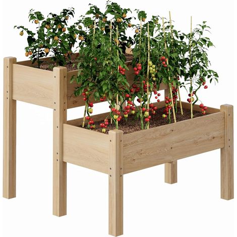Jardinière surélevée bois 2 niveaux sur pieds 34x34x29 pouces, 8 trous de drainage charge 160 kg potager (1/5)