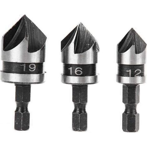 3pcs 90 Degrés 5 Flûte Fraises à Chanfreiner Set Pour Bois, Métal Changement Rapide 1/4" Hex Foret à Chanfreiner en Acier au Carbone Outil de Coupe de Chanfreinage de Bois 12/16/19mm (1/4)
