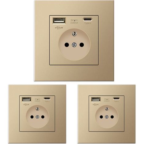 Lot de 3 prises murales avec USB et Type-C, 5 V 2,1 A, prise USB encastrée standard UE, multiprise France, 110-250 V (Doré)