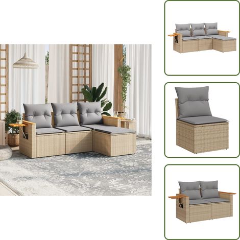 The Living Store 4-tlg. Garten-Sofagarnitur mit Kissen Beige Poly Rattan - Gartensorganisation - Gartenmöbelset - Gartenlounge - Rattan Möbel - Balkonmöbel
