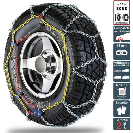 Chaines neige 4x4 SUV Utilitaires 16mm pneu 205/80R16 215/75R16 235/55R18 homologuées loi Montagne