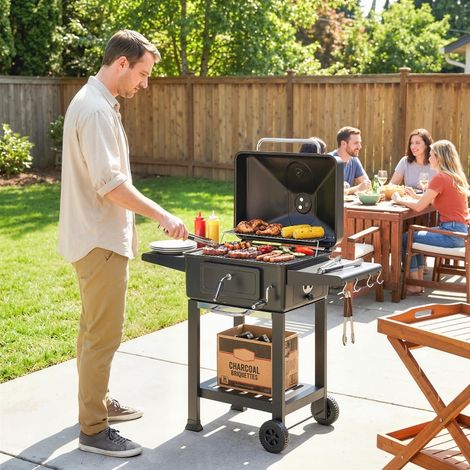 Barbecue Charbon de Bois Chariot Grill de Jardin avec Couvercle XXL Bac à Charbon et Évents Réglables 112cm Noir (1/5)