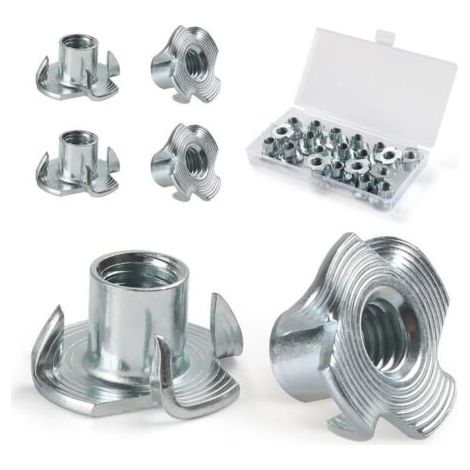 Écrous en T filetés en acier M4, M5, M6, M8, M10, écrous à quatre griffes pour meubles de menuiserie (110 pièces)